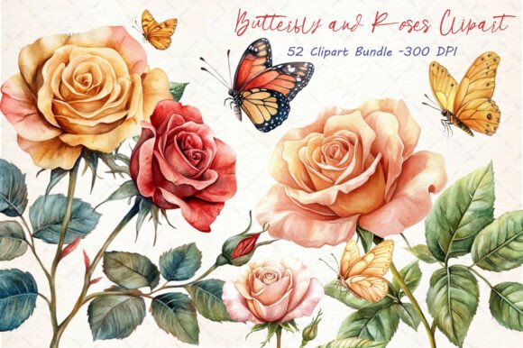 Download Watercolor Butterfly and Roses Clipart - Premium Resources